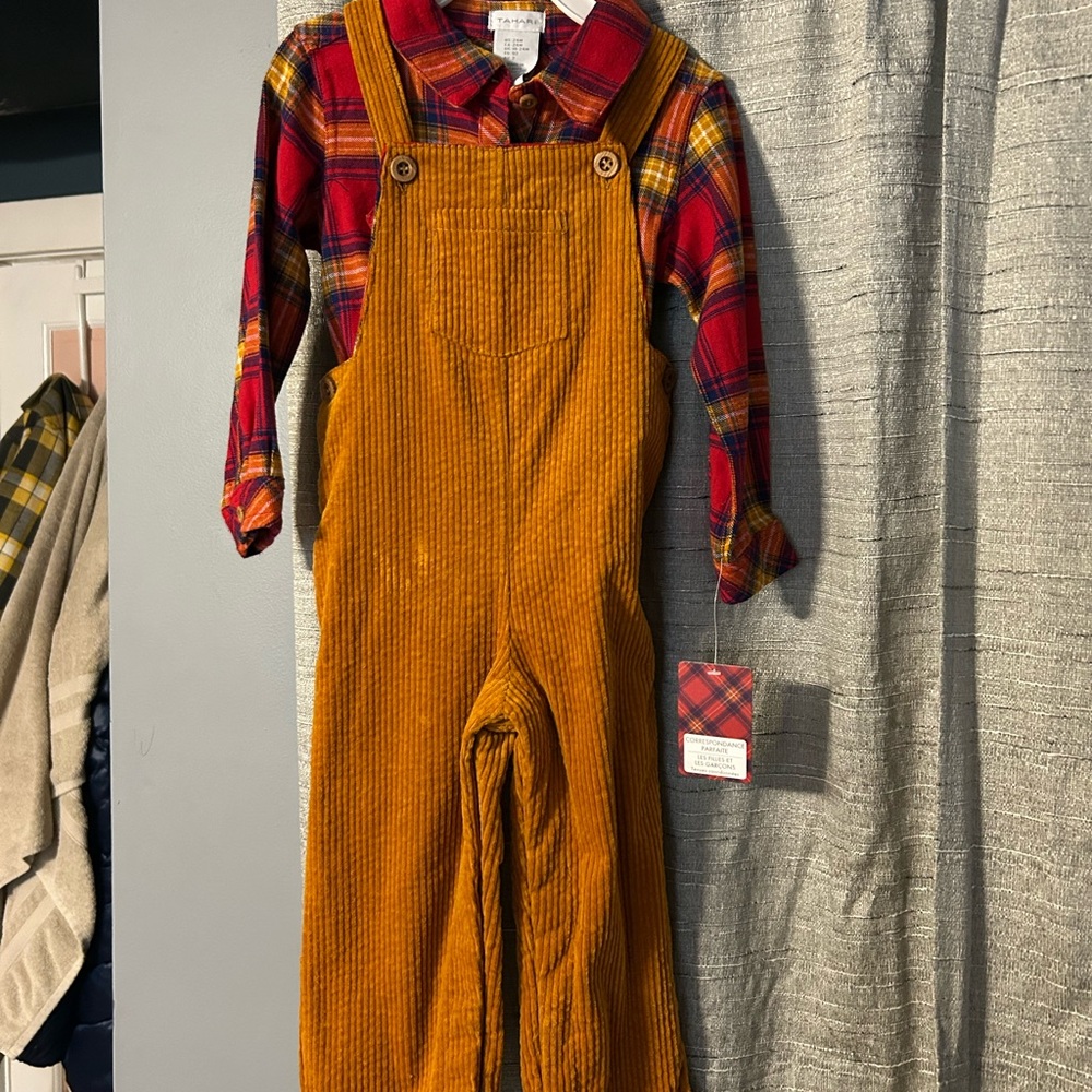 Tahari Plaid Shirt & Corduroy Overalls with Hat Kids Set